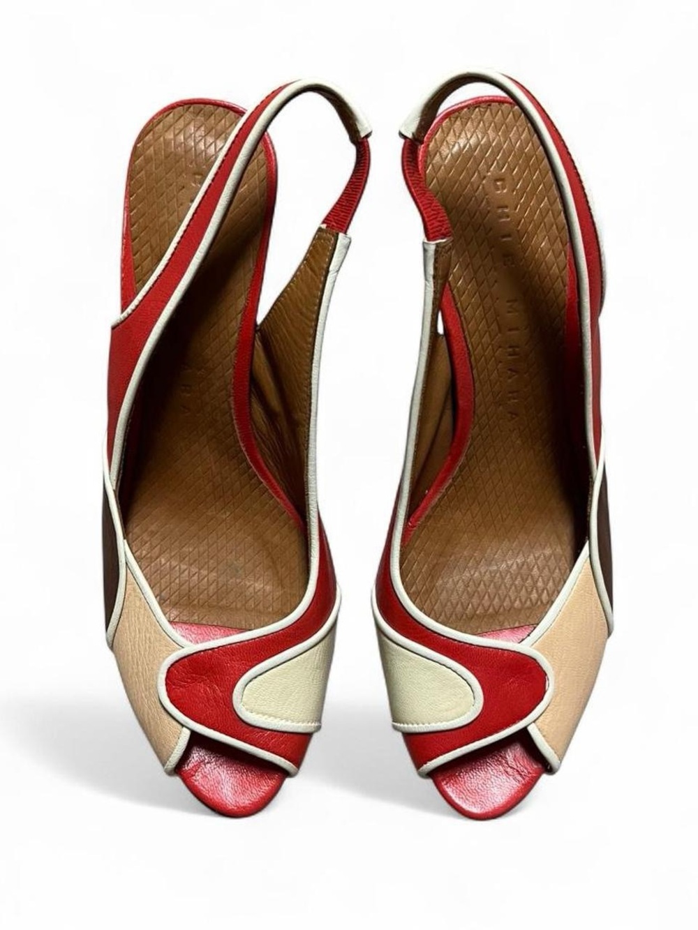 Designer Chie Mihara Retro Leather Red Cream Brown Slingback Peep-Toe Heels - Picture 2 of 6